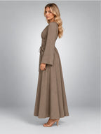 Women's Gathered-Waist Midi Dress – Long Sleeve in Taupe — side view