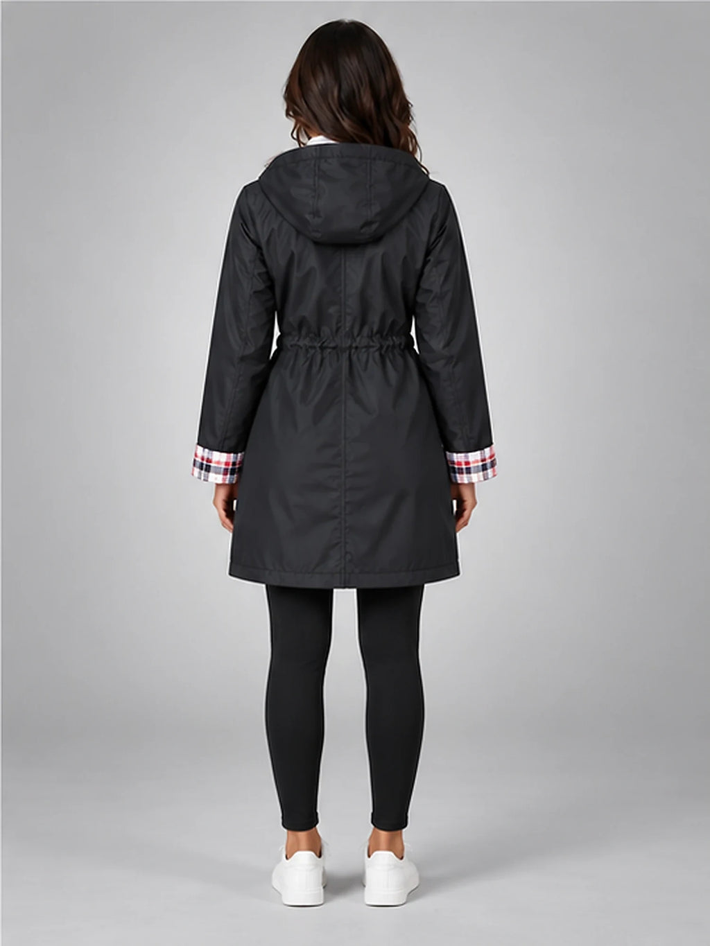 Women's Hooded Raincoat – Plaid-Trim Detail in Black — back view