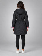 Women's Hooded Raincoat – Plaid-Trim Detail in Black — back view
