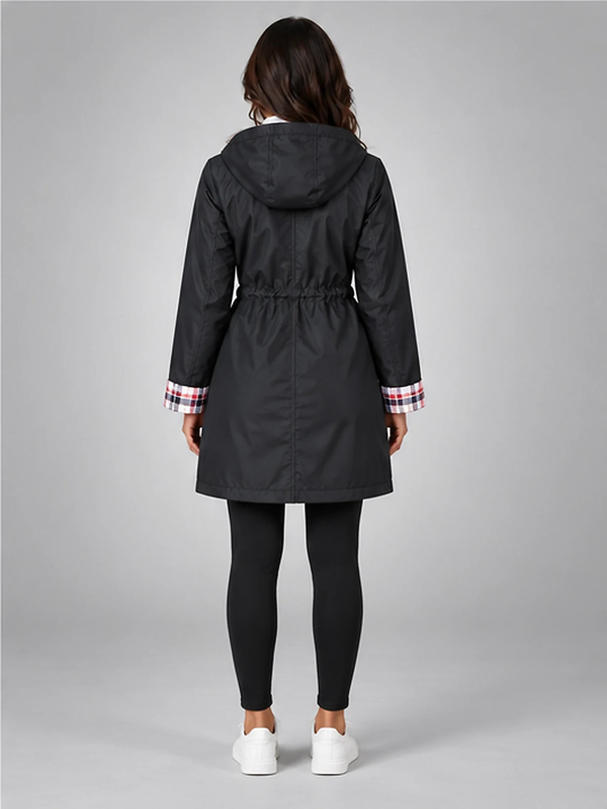 Women's Hooded Raincoat – Plaid-Trim Detail in Black — back view