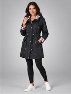 Women's Hooded Raincoat – Plaid-Trim Detail in Black — alternate view