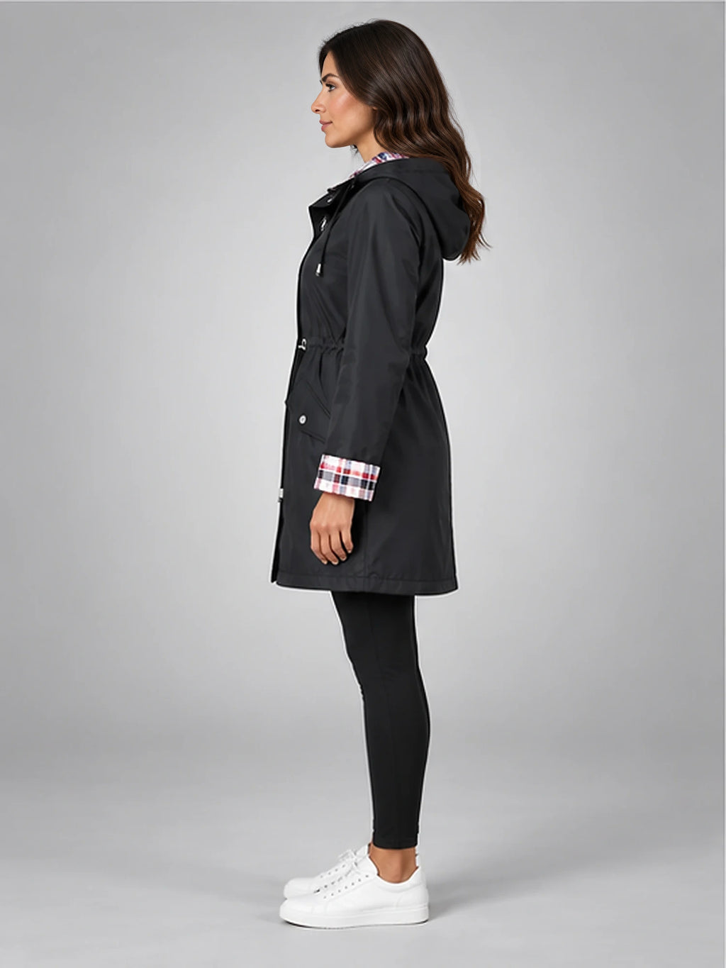 Women's Hooded Raincoat – Plaid-Trim Detail in Black — side view