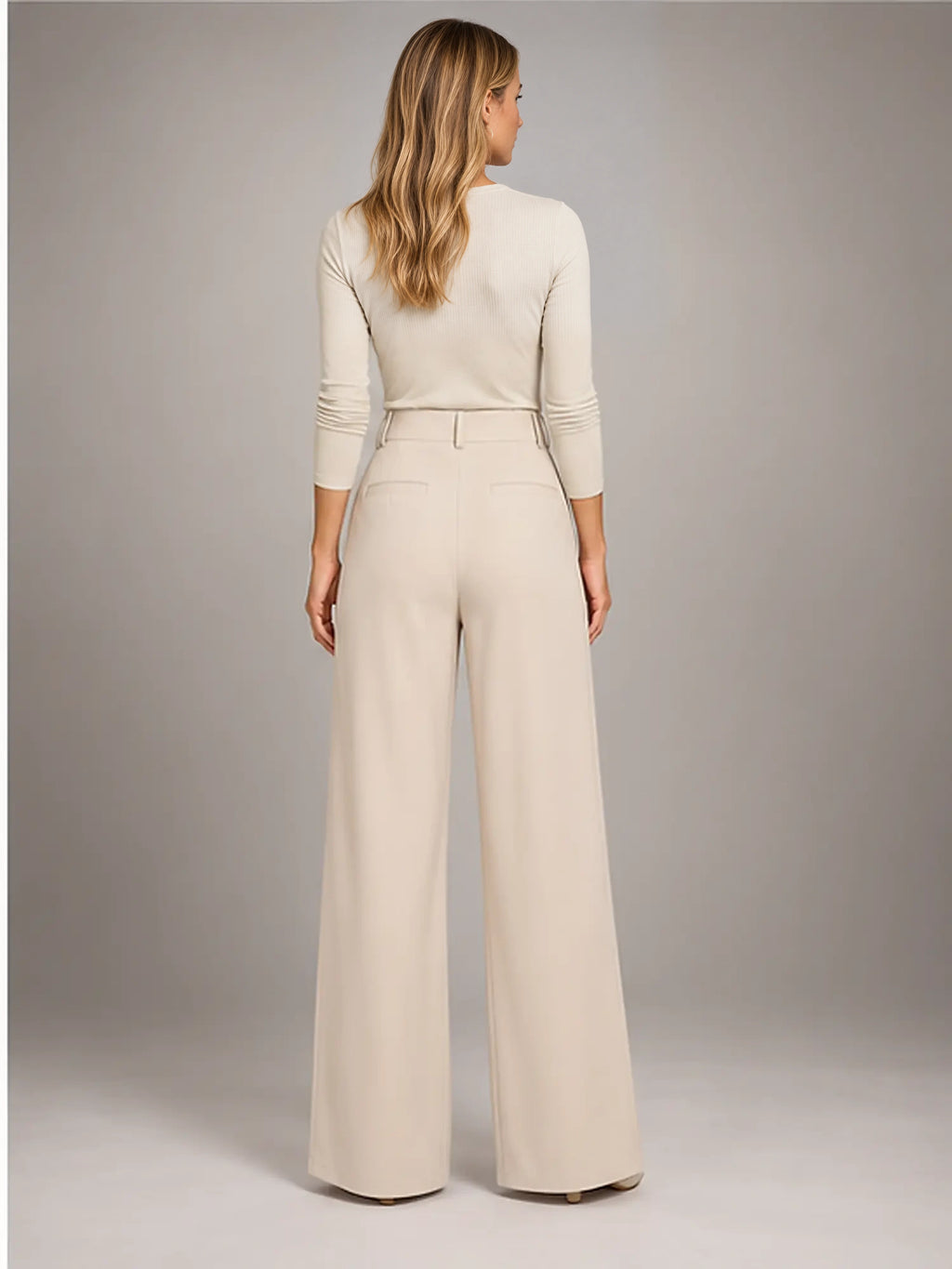 Women's Jacquard Trousers – Pleated Wide Leg in Apricot — back view