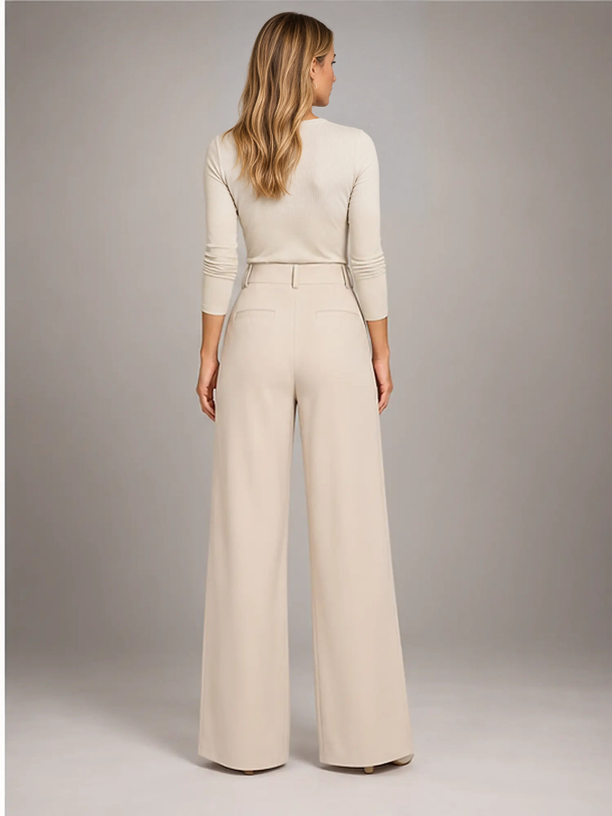 Women's Jacquard Trousers – Pleated Wide Leg in Apricot — back view
