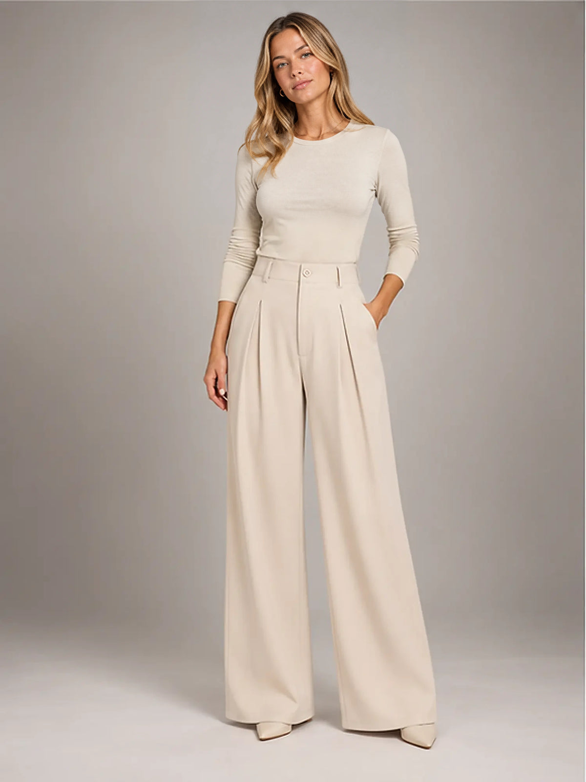 Women's Jacquard Trousers – Pleated Wide Leg in Apricot — front view