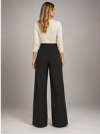 Women's Jacquard Trousers – Pleated Wide Leg in Black — back view