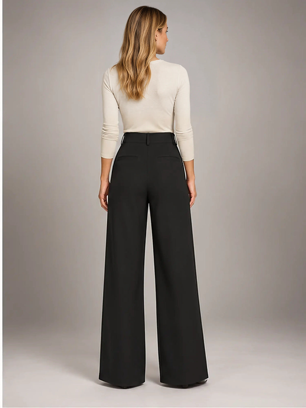 Women's Jacquard Trousers – Pleated Wide Leg in Black — back view
