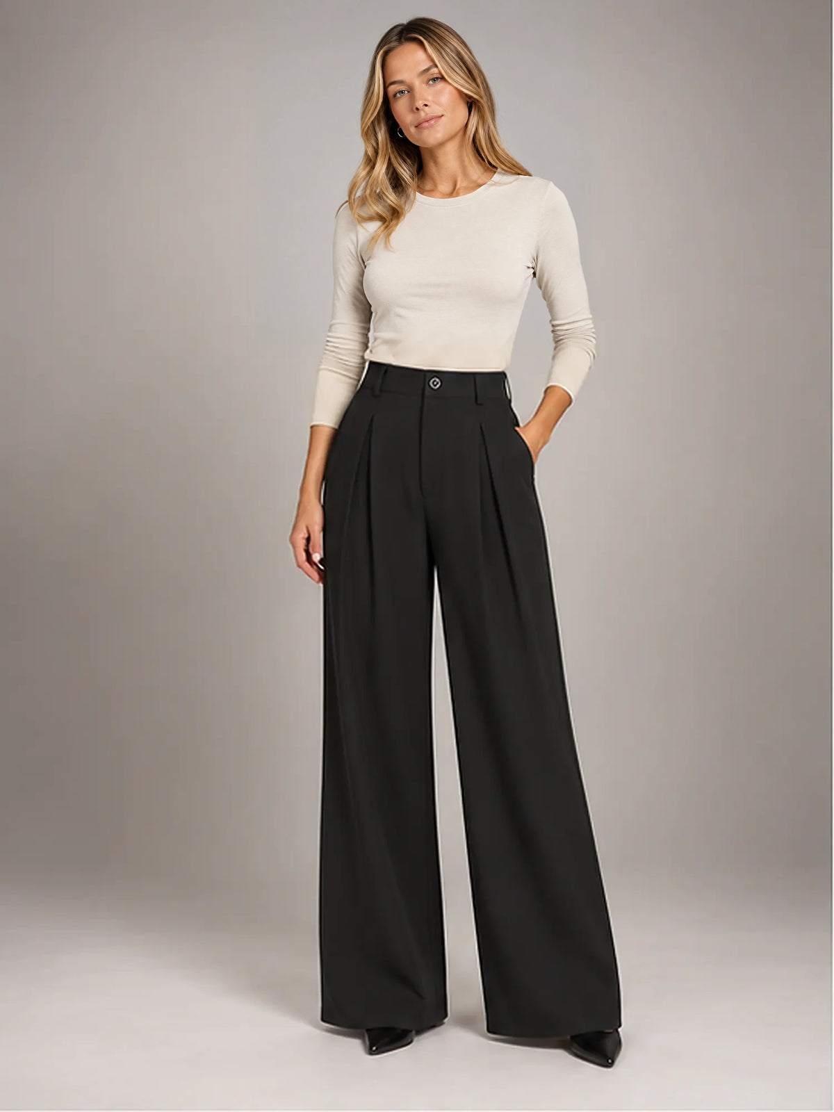 Women's Jacquard Trousers – Pleated Wide Leg in Black — front view