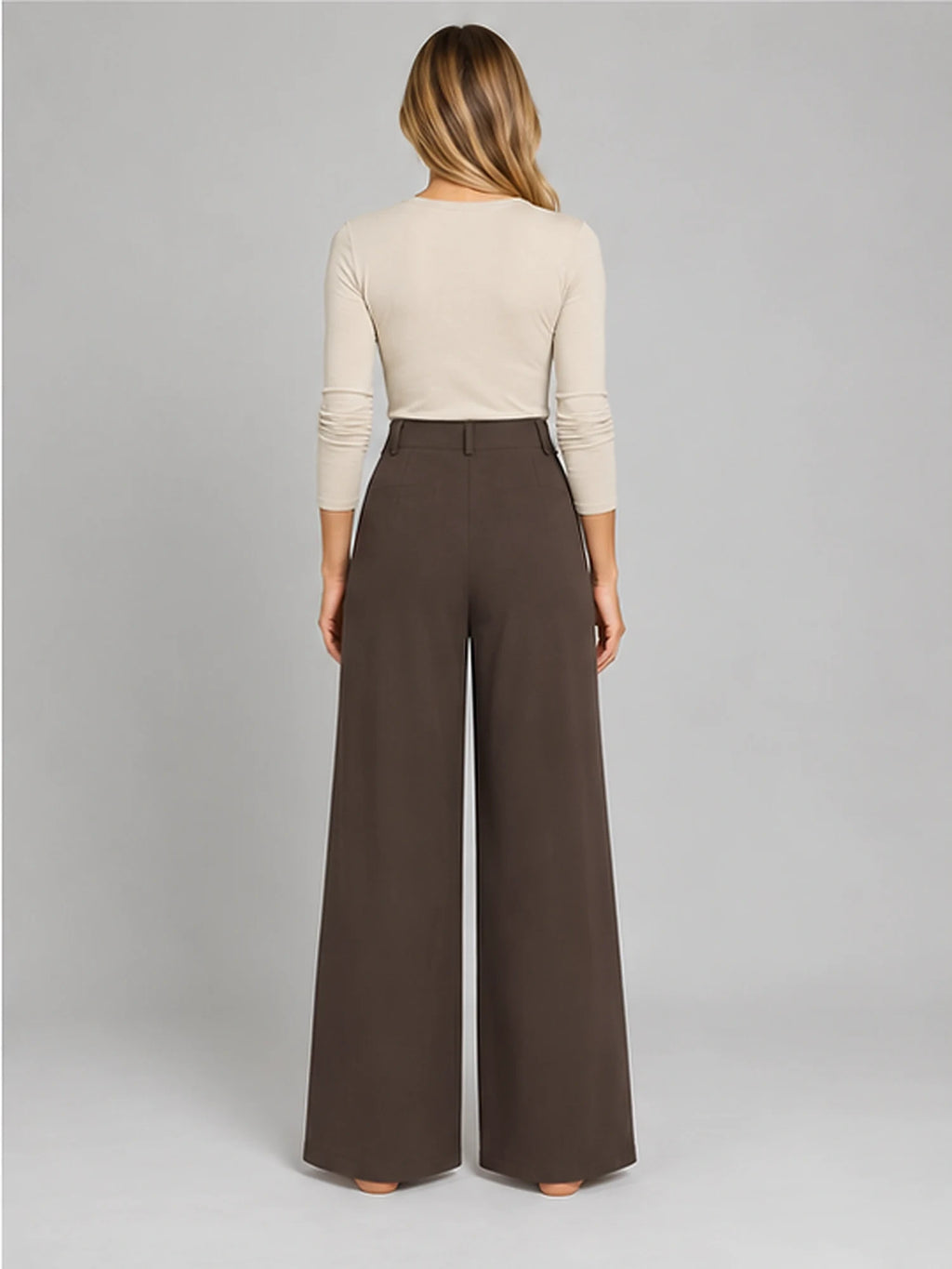 Women's Jacquard Trousers – Pleated Wide Leg in Coffee — back view