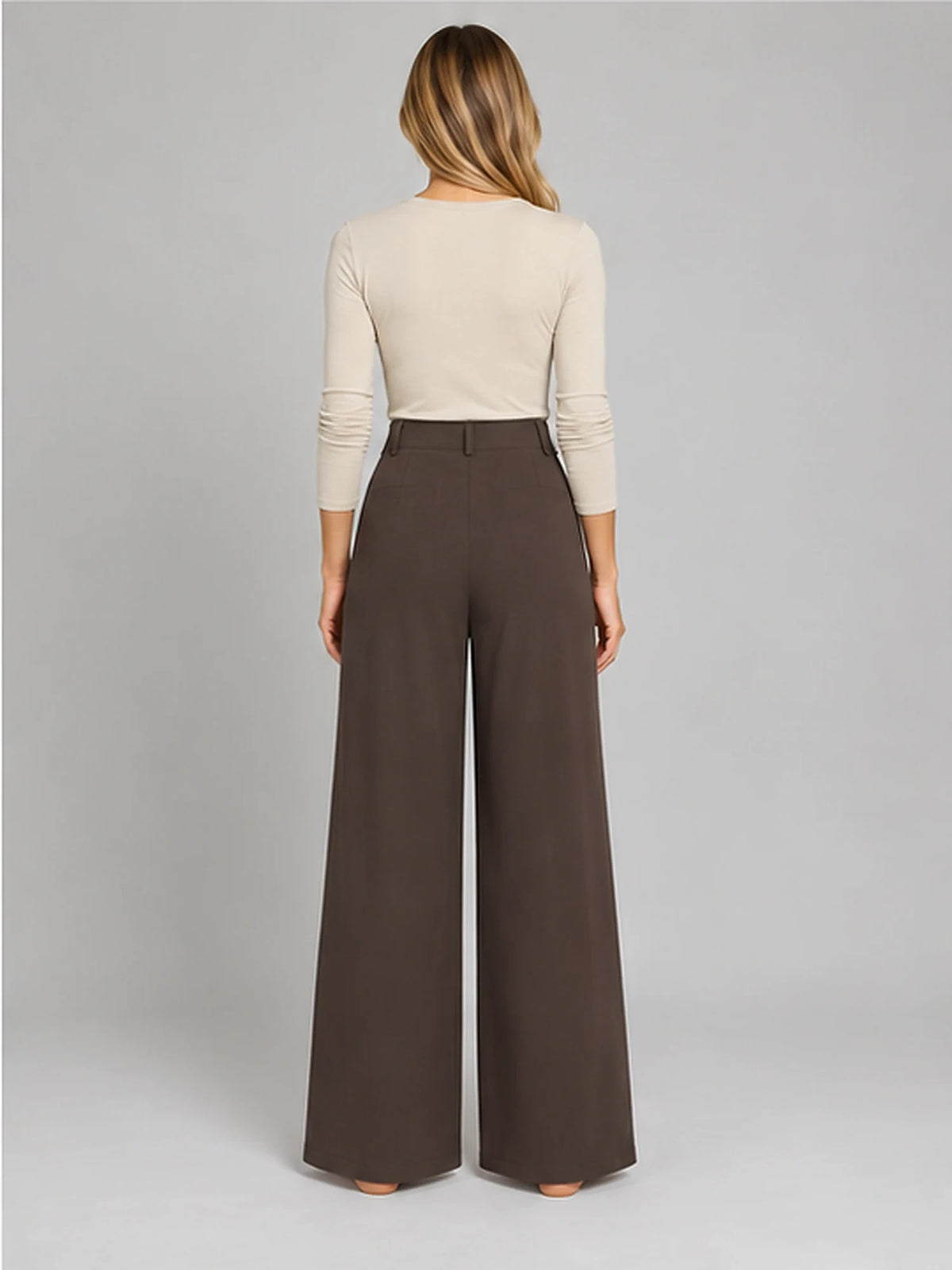 Women's Jacquard Trousers – Pleated Wide Leg in Coffee — back view