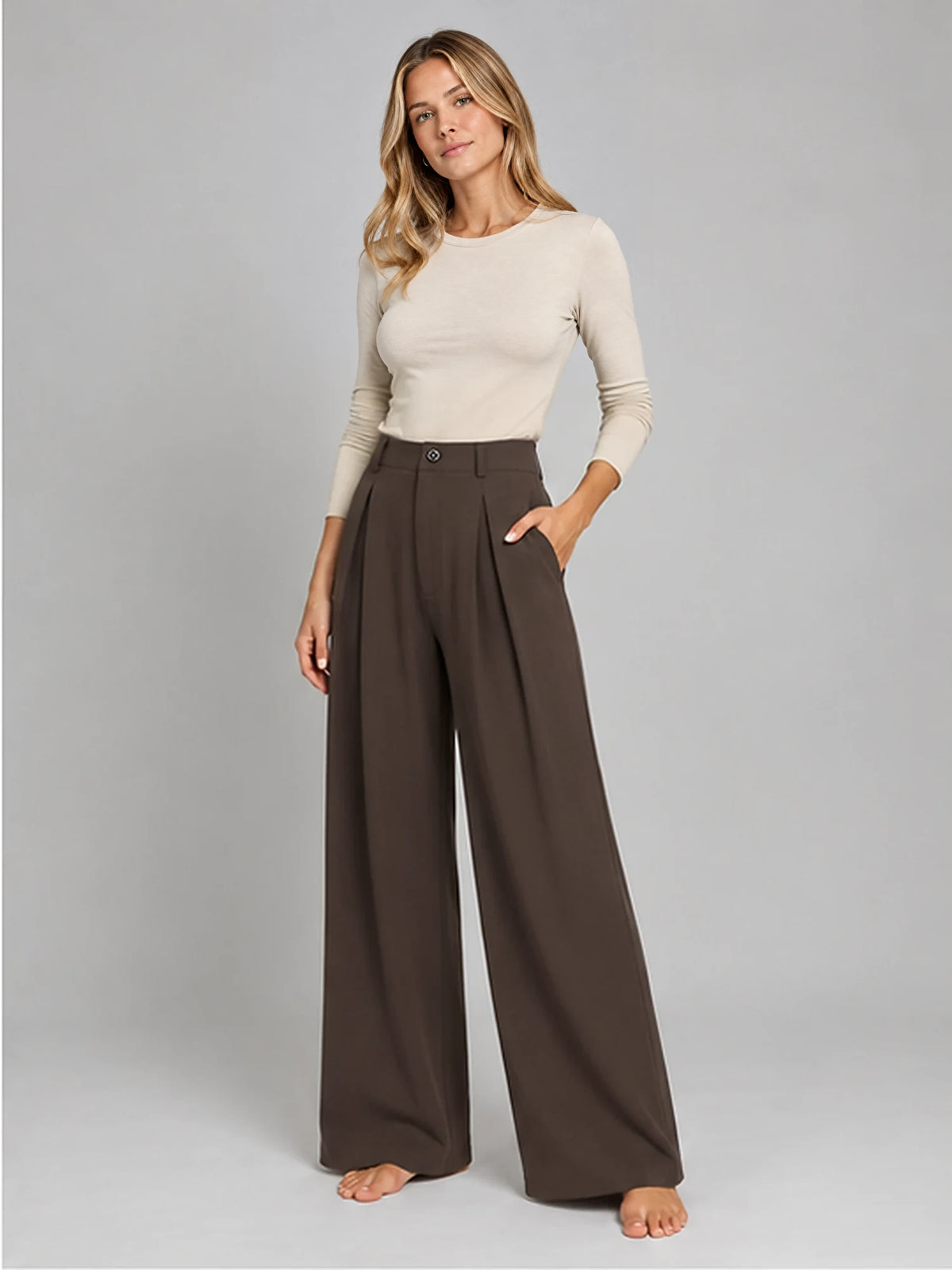 Women's Jacquard Trousers – Pleated Wide Leg in Coffee — alternate view