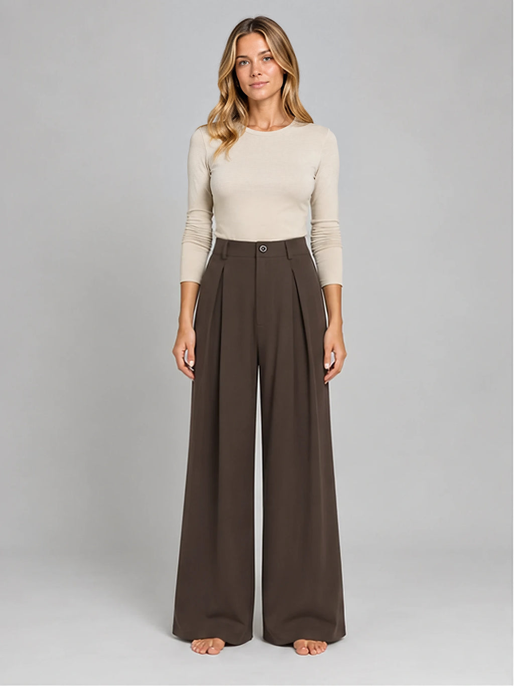 Women's Jacquard Trousers – Pleated Wide Leg in Coffee — front view