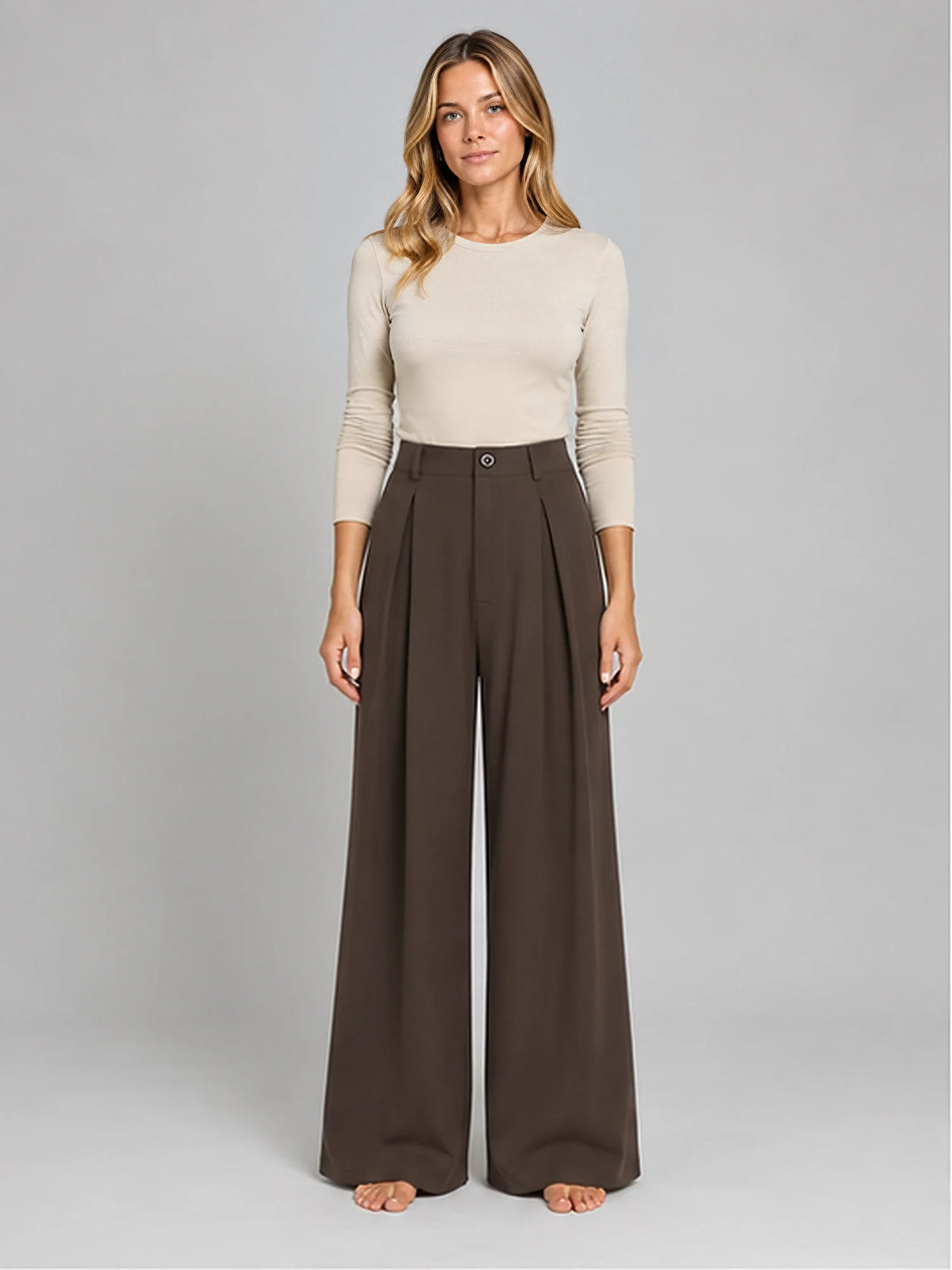 Women's Jacquard Trousers – Pleated Wide Leg in Coffee — front view