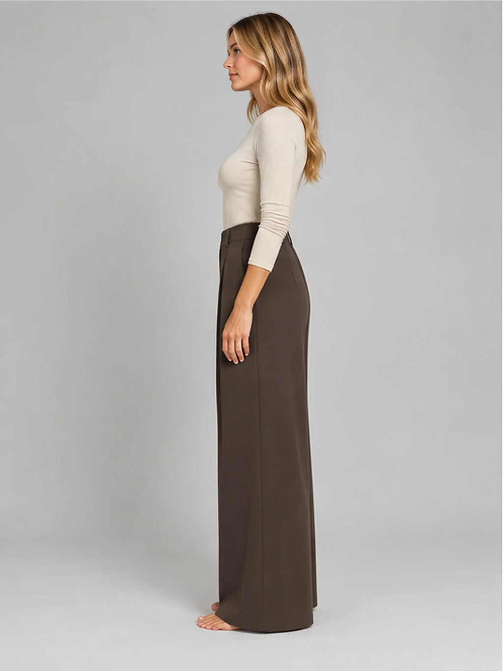 Women's Jacquard Trousers – Pleated Wide Leg in Coffee — side view