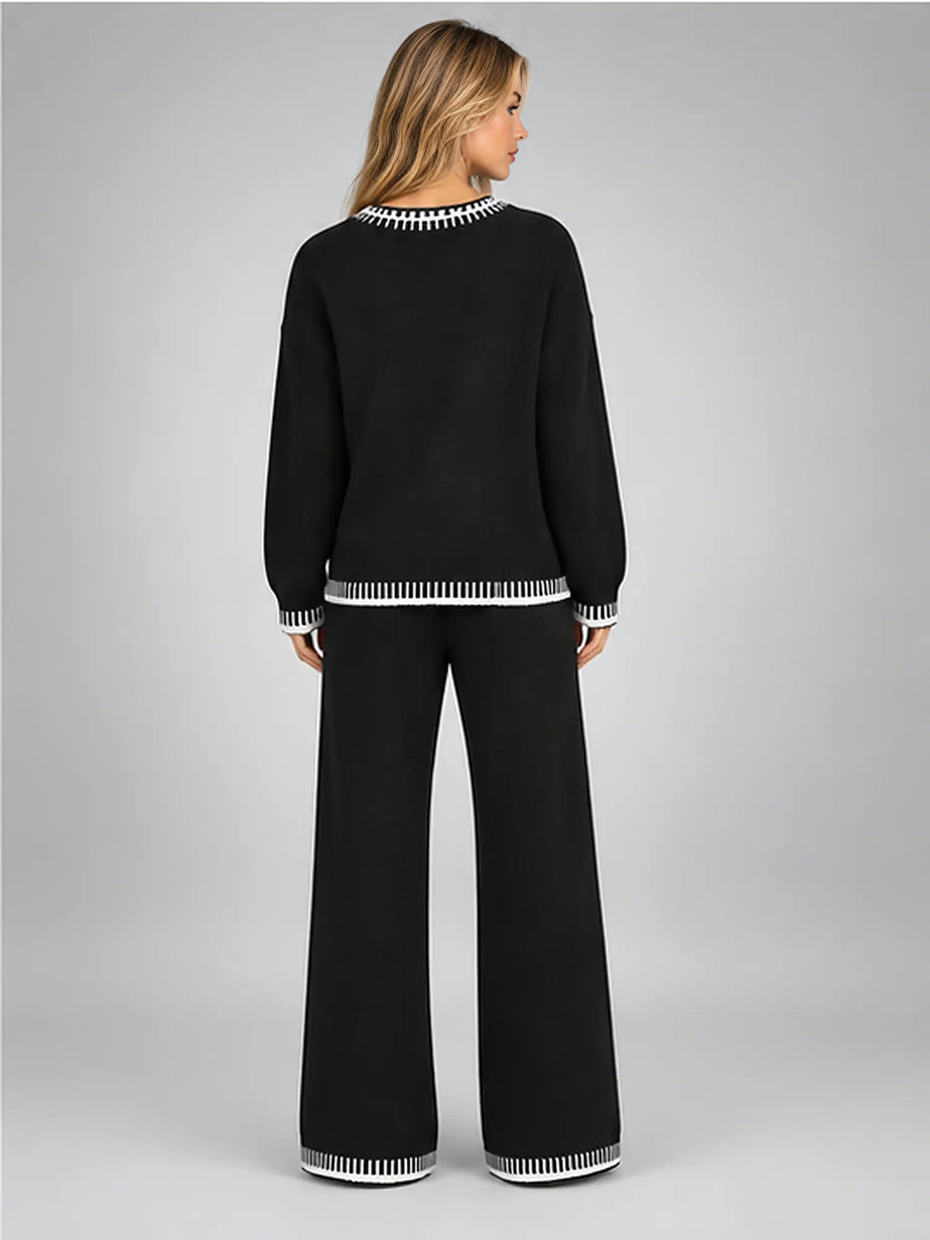 Women's Knit Lounge Set – Contrast Stitch Two-Piece in Black — back view