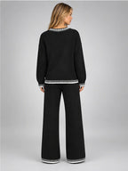 Women's Knit Lounge Set – Contrast Stitch Two-Piece in Black — back view