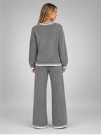Women's Knit Lounge Set – Contrast Stitch Two-Piece in Grey — back view