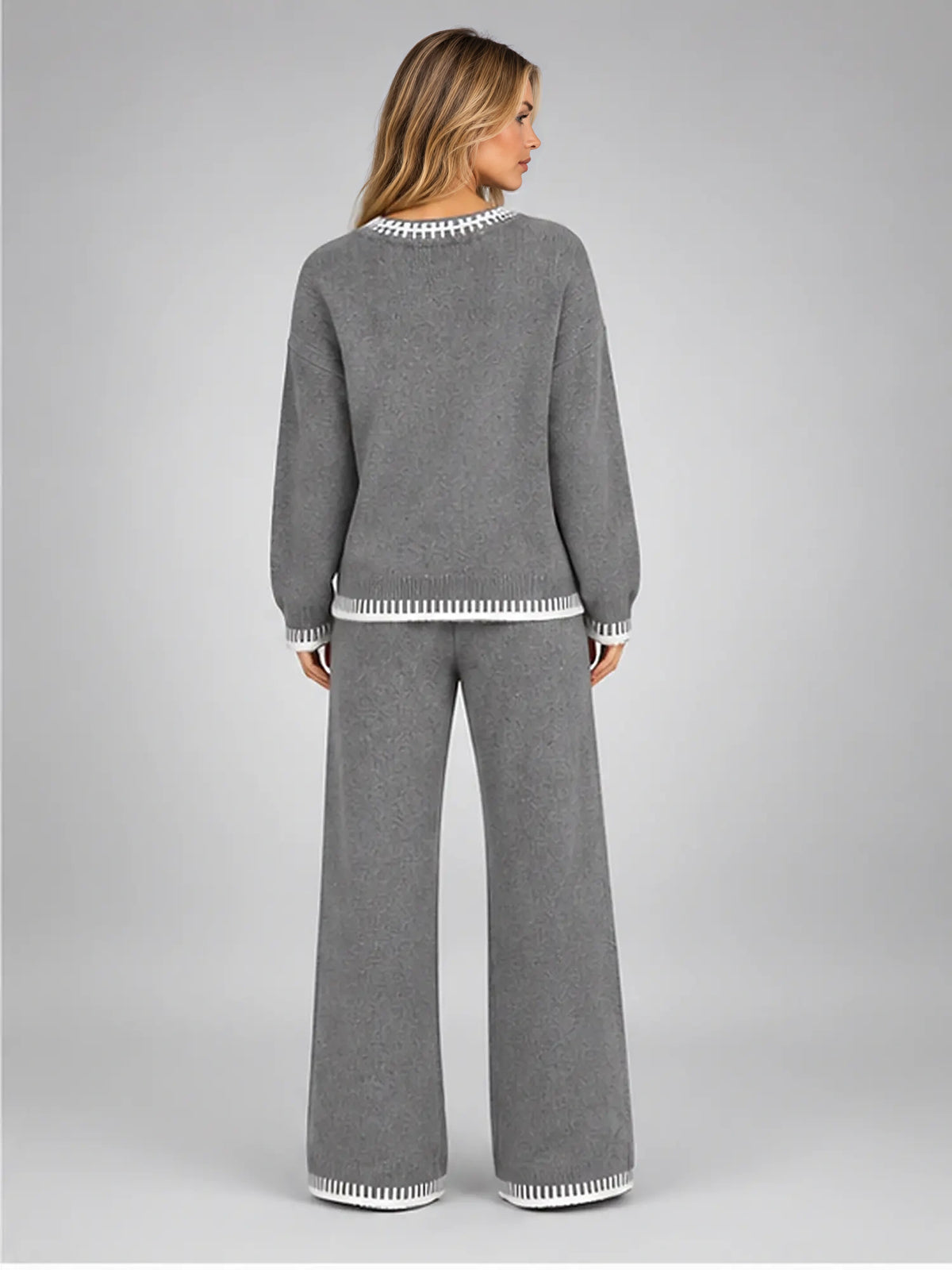Women's Knit Lounge Set – Contrast Stitch Two-Piece in Grey — back view