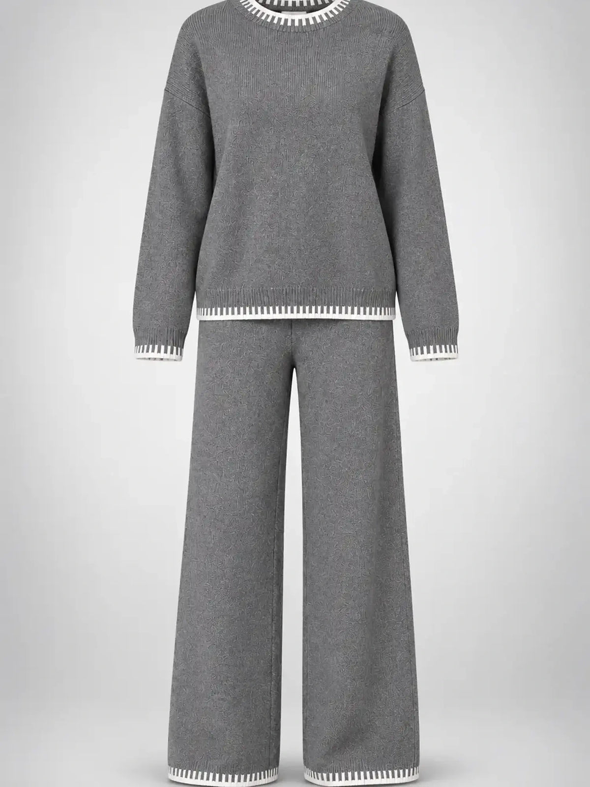Women's Knit Lounge Set – Contrast Stitch Two-Piece in Grey — product detail