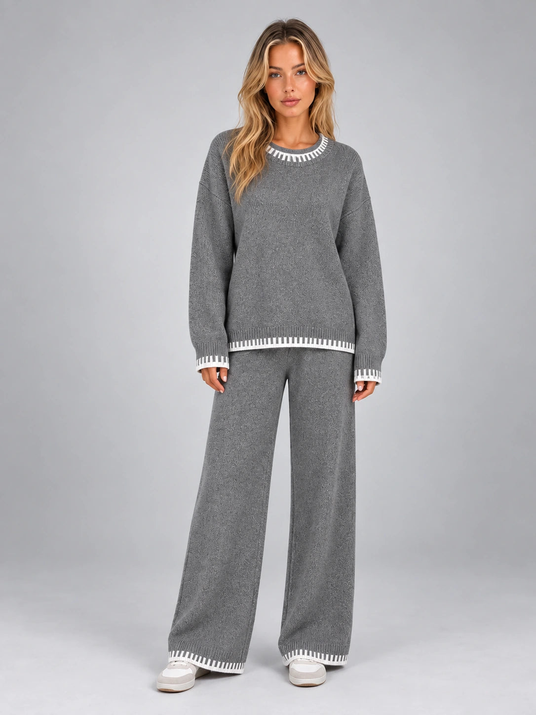 Women's Knit Lounge Set – Contrast Stitch Two-Piece in Grey — front view