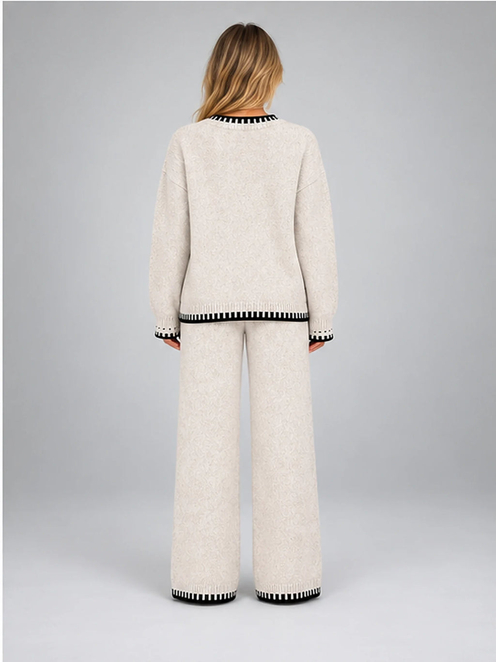 Women's Knit Lounge Set – Contrast Stitch Two-Piece in Ivory — back view