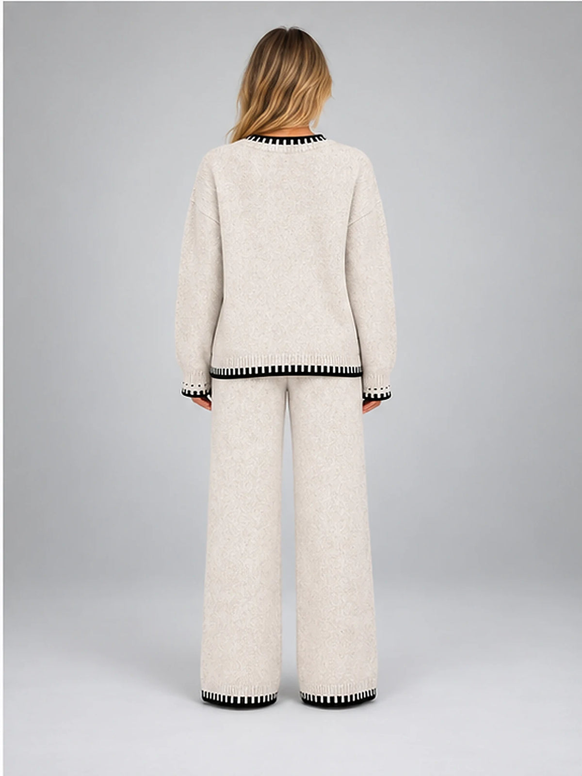 Women's Knit Lounge Set – Contrast Stitch Two-Piece in Ivory — back view