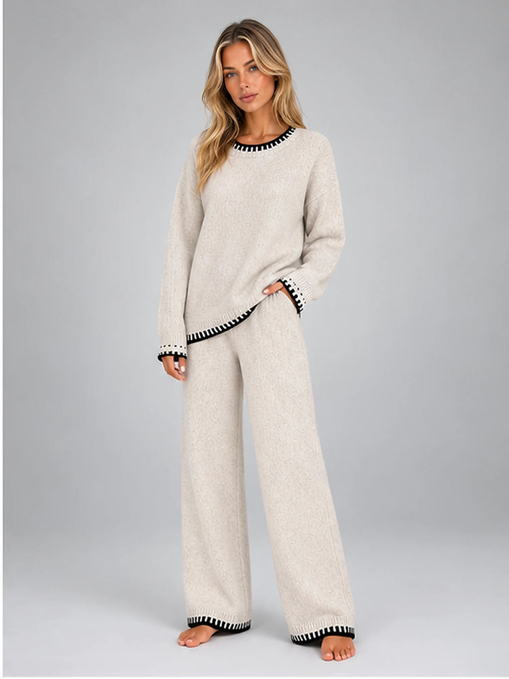 Women's Knit Lounge Set – Contrast Stitch Two-Piece in Ivory — alternate view