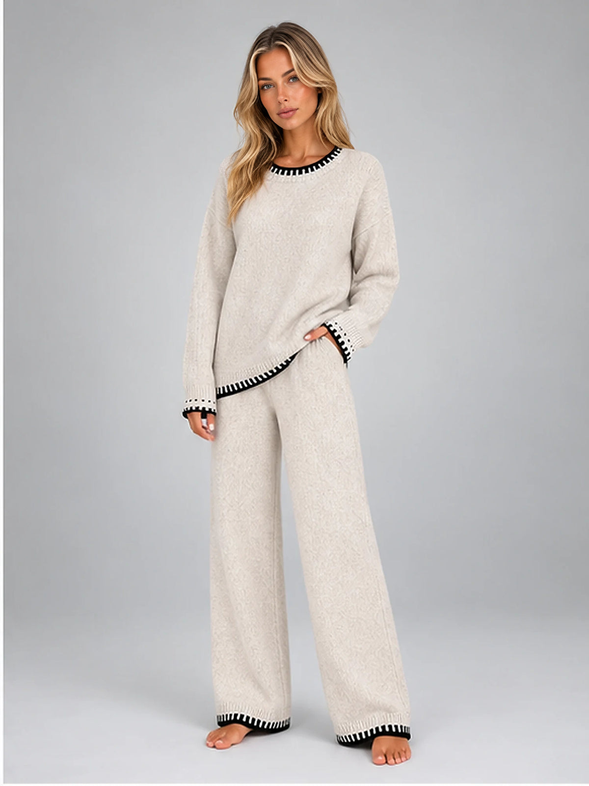Women's Knit Lounge Set – Contrast Stitch Two-Piece in Ivory — alternate view
