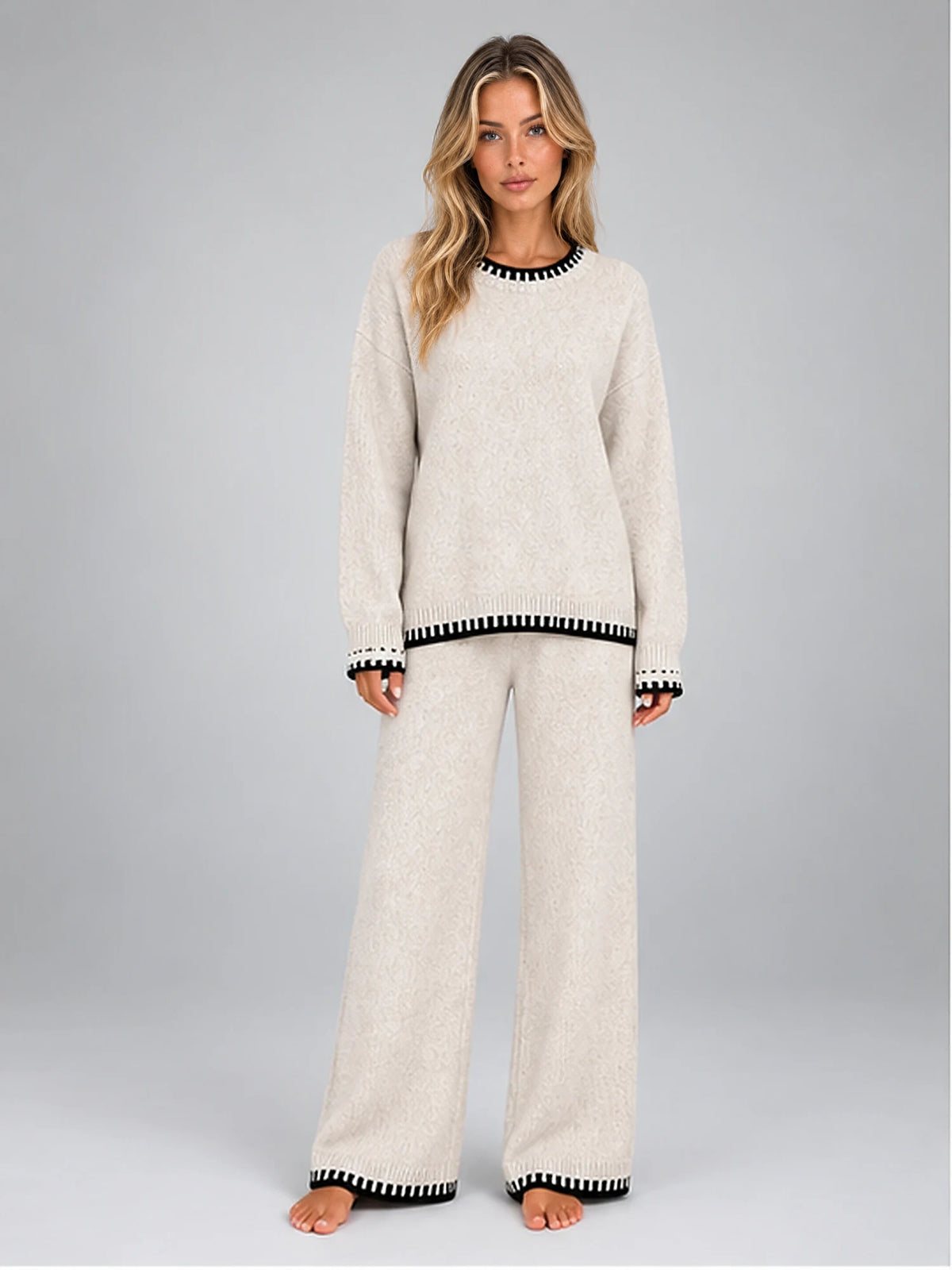 Women's Knit Lounge Set – Contrast Stitch Two-Piece in Ivory — front view