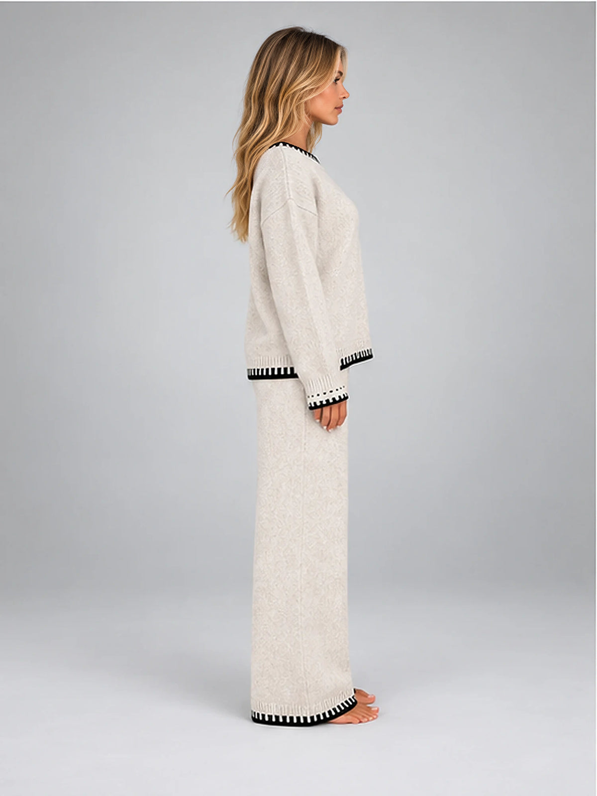 Women's Knit Lounge Set – Contrast Stitch Two-Piece in Ivory — side view