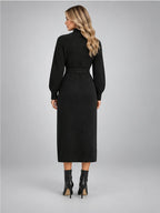 Women's Knit Midi Dress – Asymmetric Button Belted in Black — back view