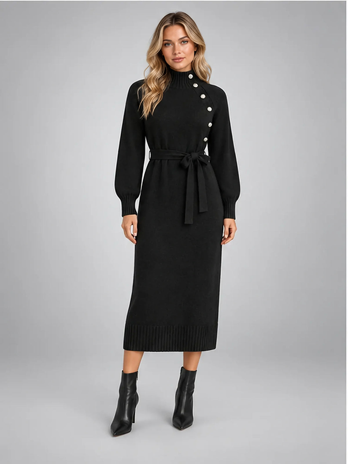 Women's Knit Midi Dress – Asymmetric Button Belted in Black — front view