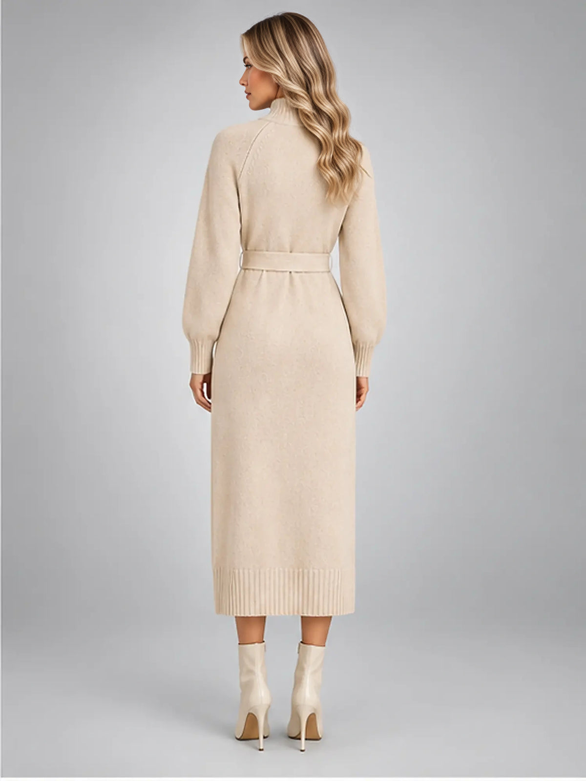 Women's Knit Midi Dress – Asymmetric Button Belted in Ivory — back view