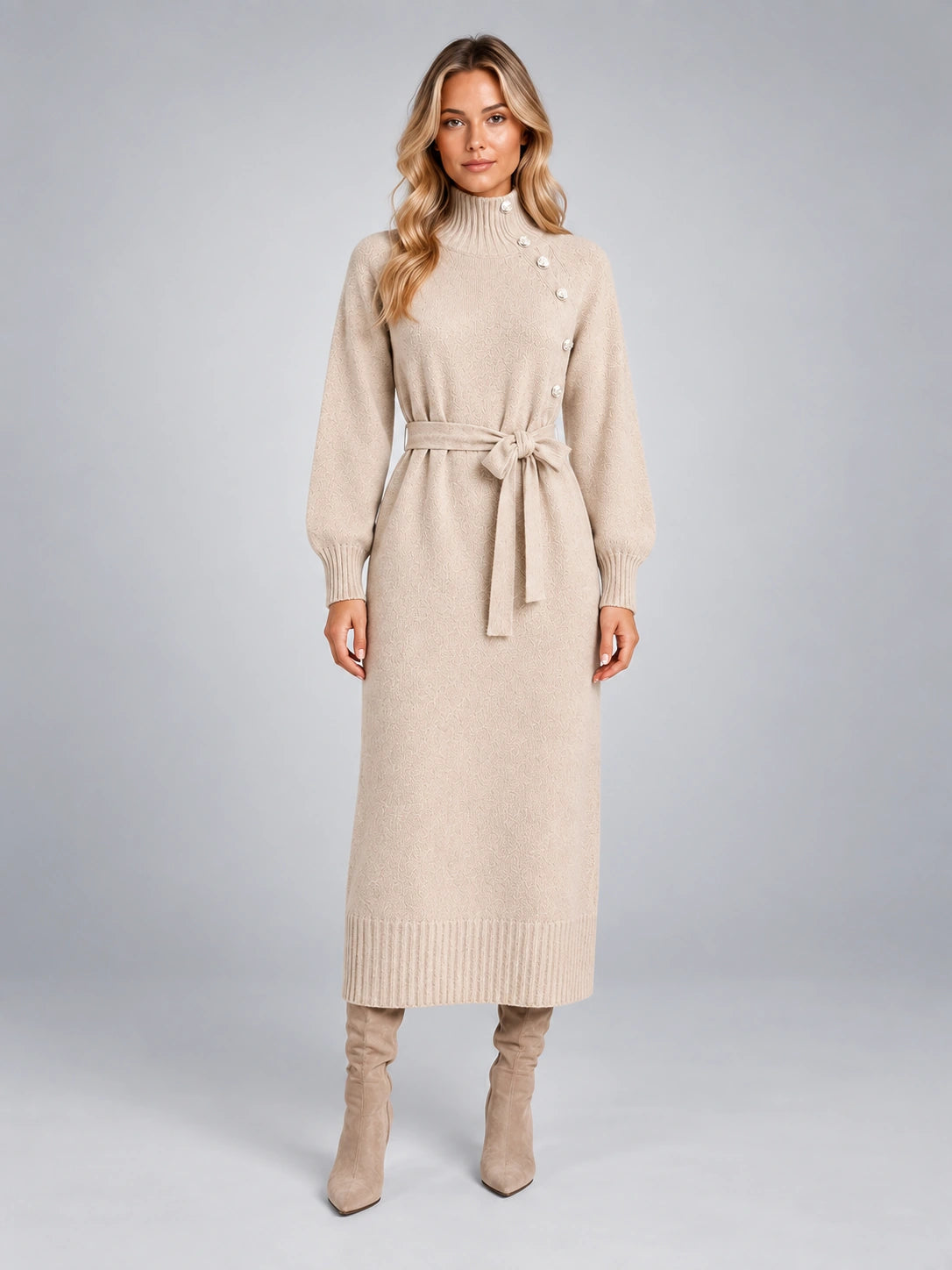 Women's Knit Midi Dress – Asymmetric Button Belted in Ivory — front view