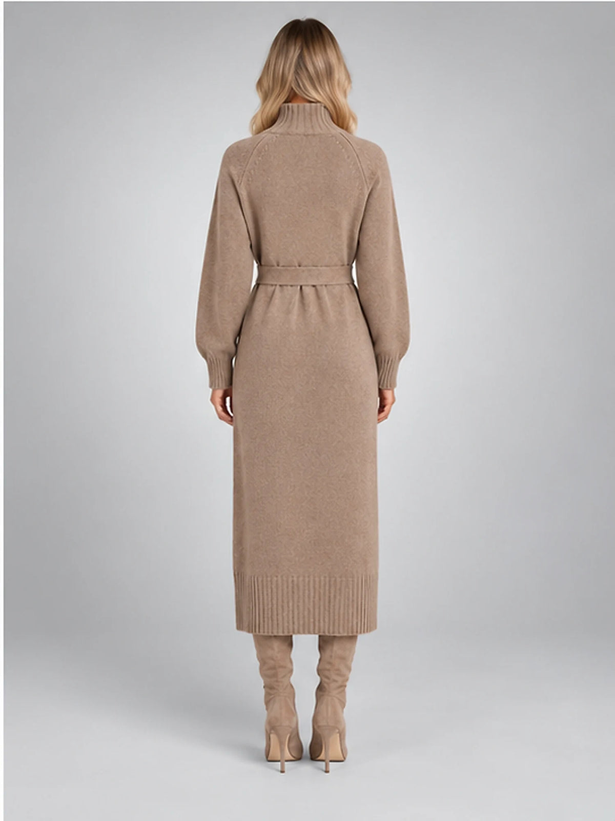 Women's Knit Midi Dress – Asymmetric Button Belted in Taupe — back view