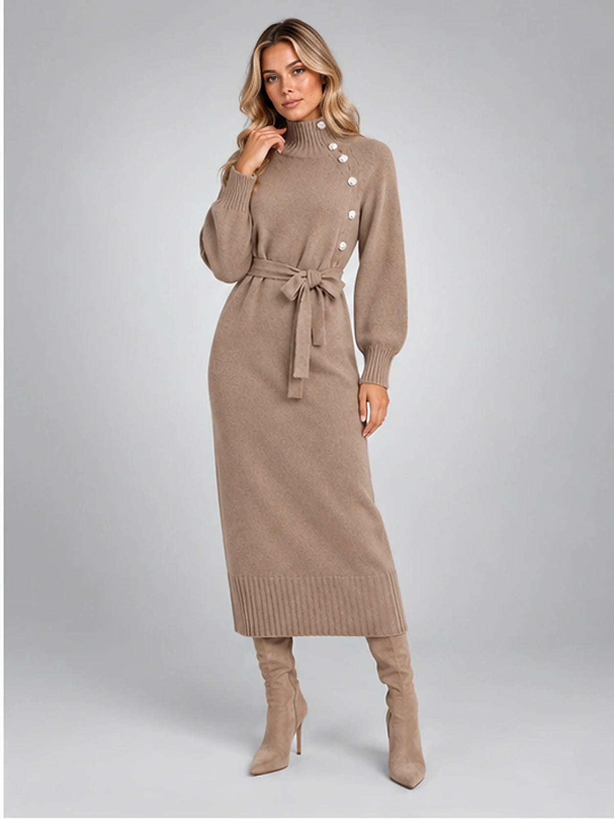 Women's Knit Midi Dress – Asymmetric Button Belted in Taupe — alternate view
