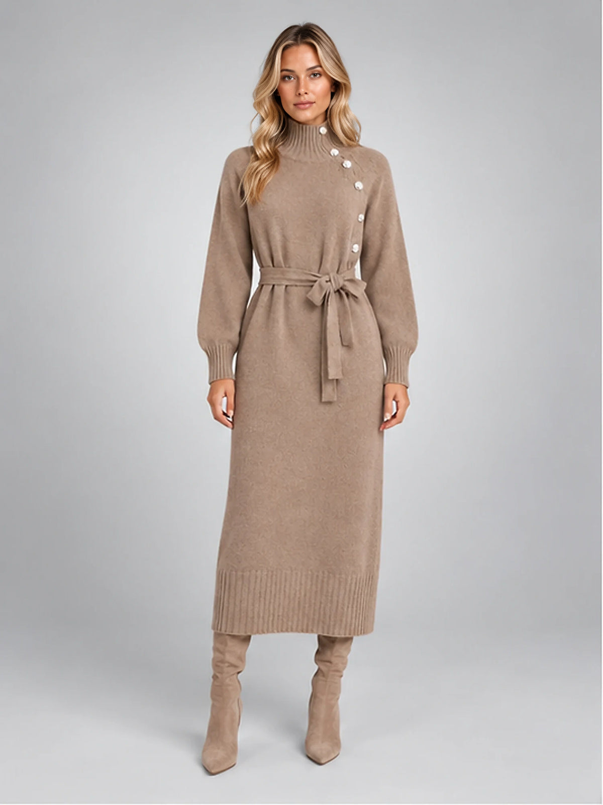 Women's Knit Midi Dress – Asymmetric Button Belted in Taupe — front view