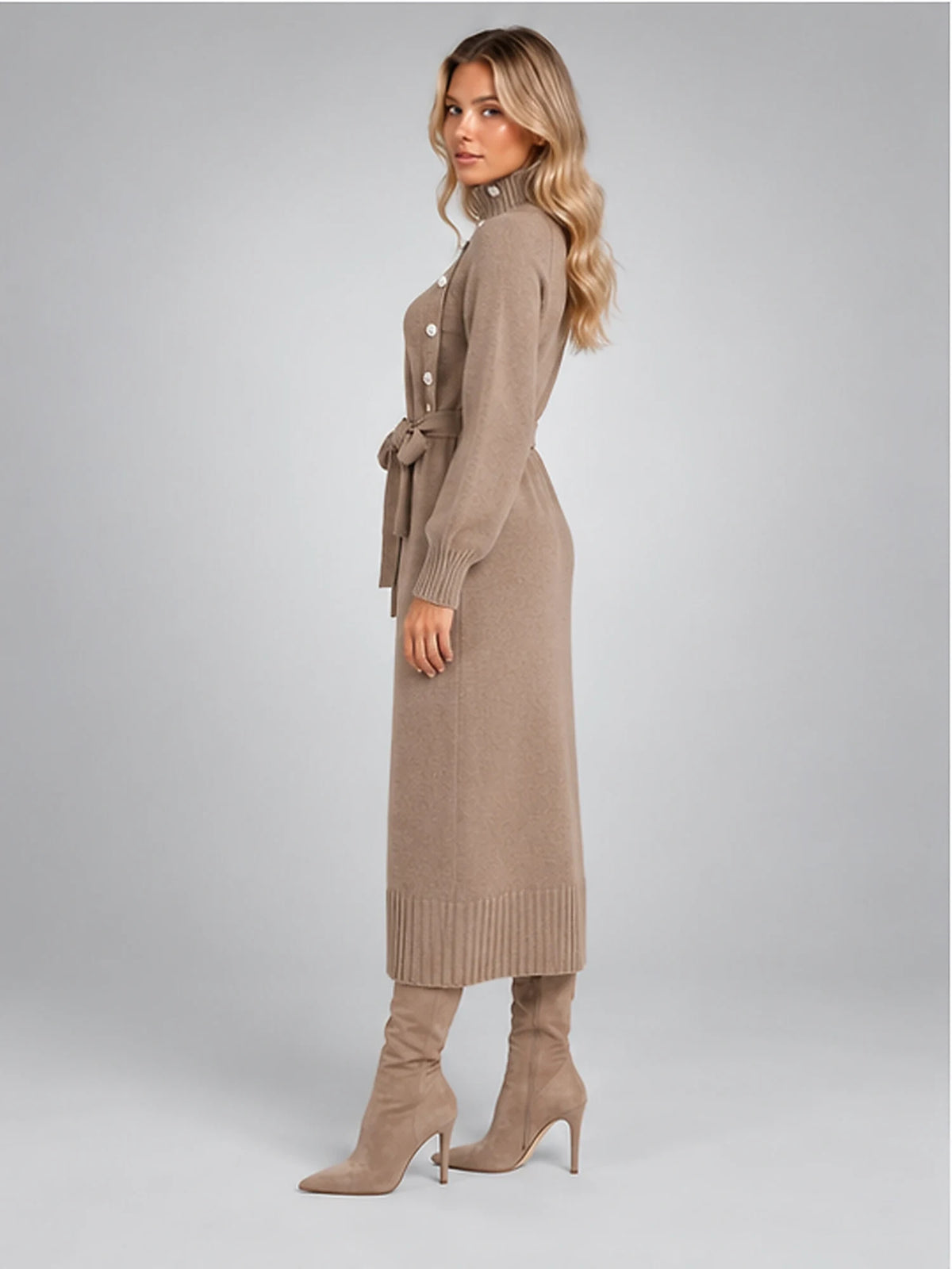 Women's Knit Midi Dress – Asymmetric Button Belted in Taupe — side view