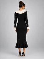 Women's Knit Midi Dress – Pearl Button Ruffle Collar in Black — back view