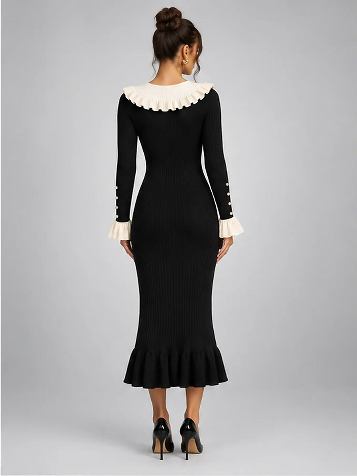 Women's Knit Midi Dress – Pearl Button Ruffle Collar in Black — back view