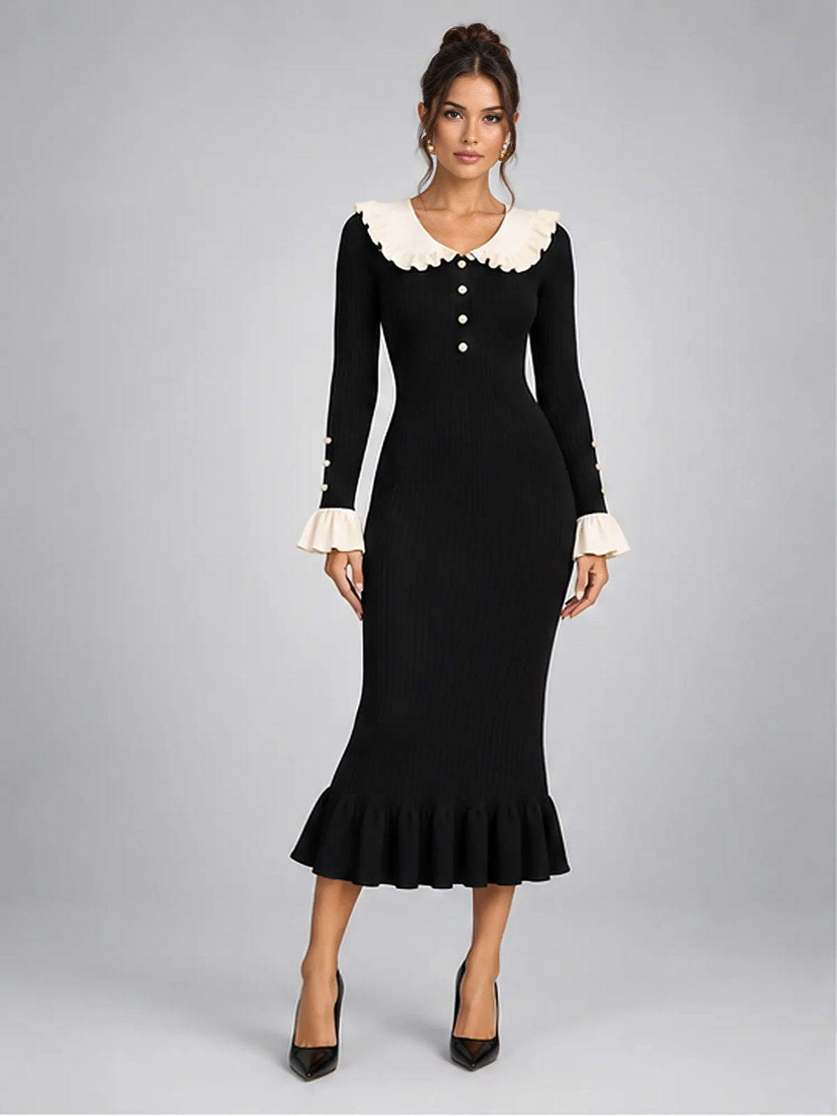 Women's Knit Midi Dress – Pearl Button Ruffle Collar in Black — front view