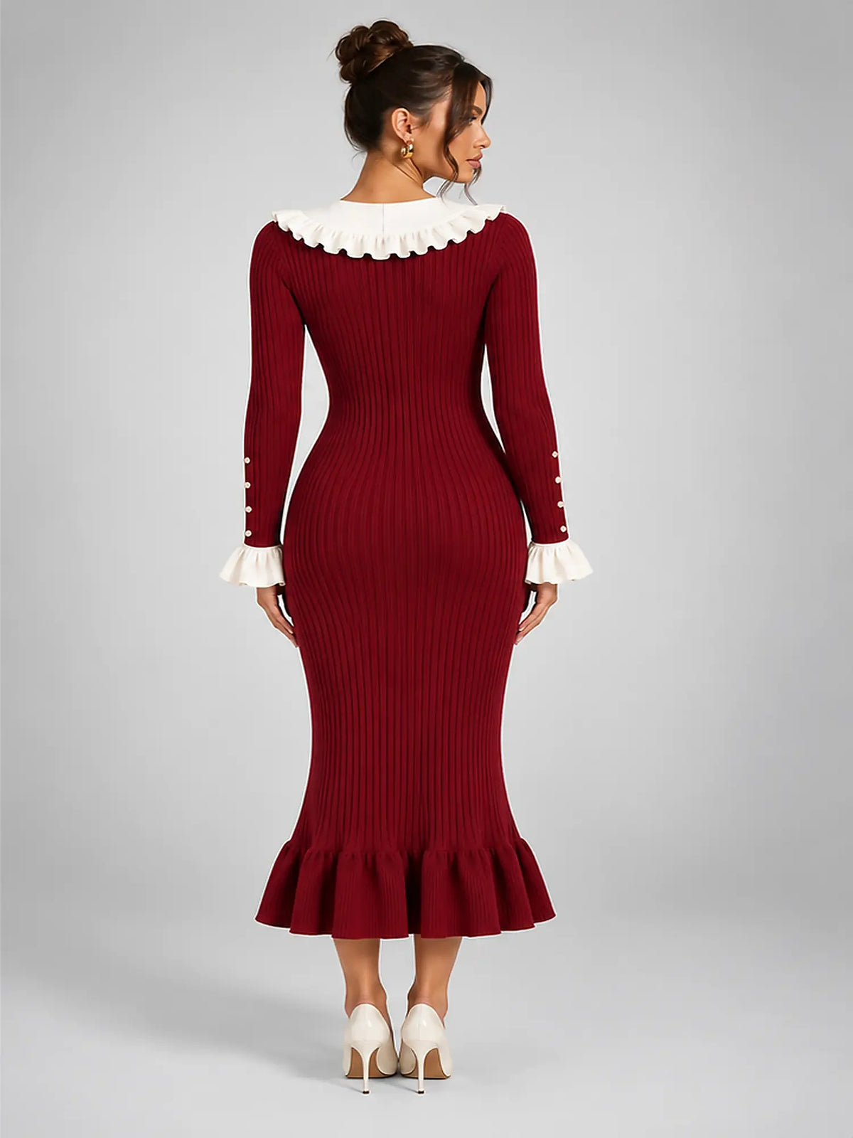 Women's Knit Midi Dress – Pearl Button Ruffle Collar in Burgundy — back view