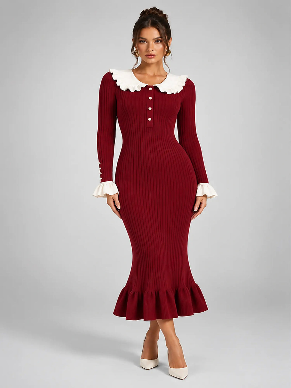 Women's Knit Midi Dress – Pearl Button Ruffle Collar in Burgundy — front view