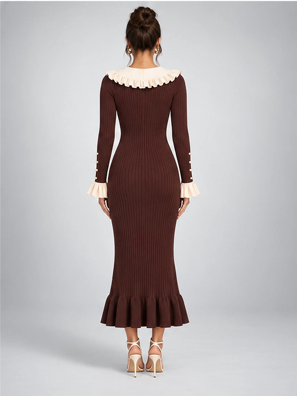 Women's Knit Midi Dress – Pearl Button Ruffle Collar in Chocolate Brown — back view