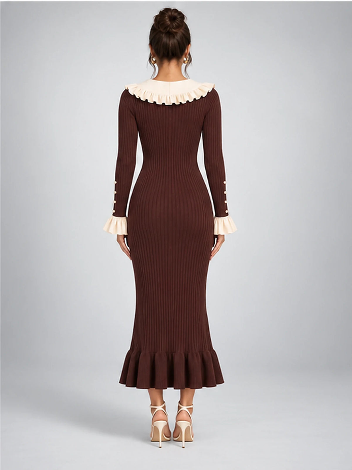 Women's Knit Midi Dress – Pearl Button Ruffle Collar in Chocolate Brown — back view