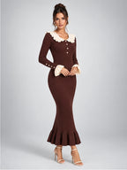 Women's Knit Midi Dress – Pearl Button Ruffle Collar in Chocolate Brown — alternate view