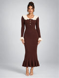 Women's Knit Midi Dress – Pearl Button Ruffle Collar in Chocolate Brown — front view