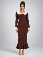 Women's Knit Midi Dress – Pearl Button Ruffle Collar in Chocolate Brown — front view