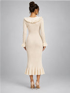 Women's Knit Midi Dress – Pearl Button Ruffle Collar in Ivory — back view