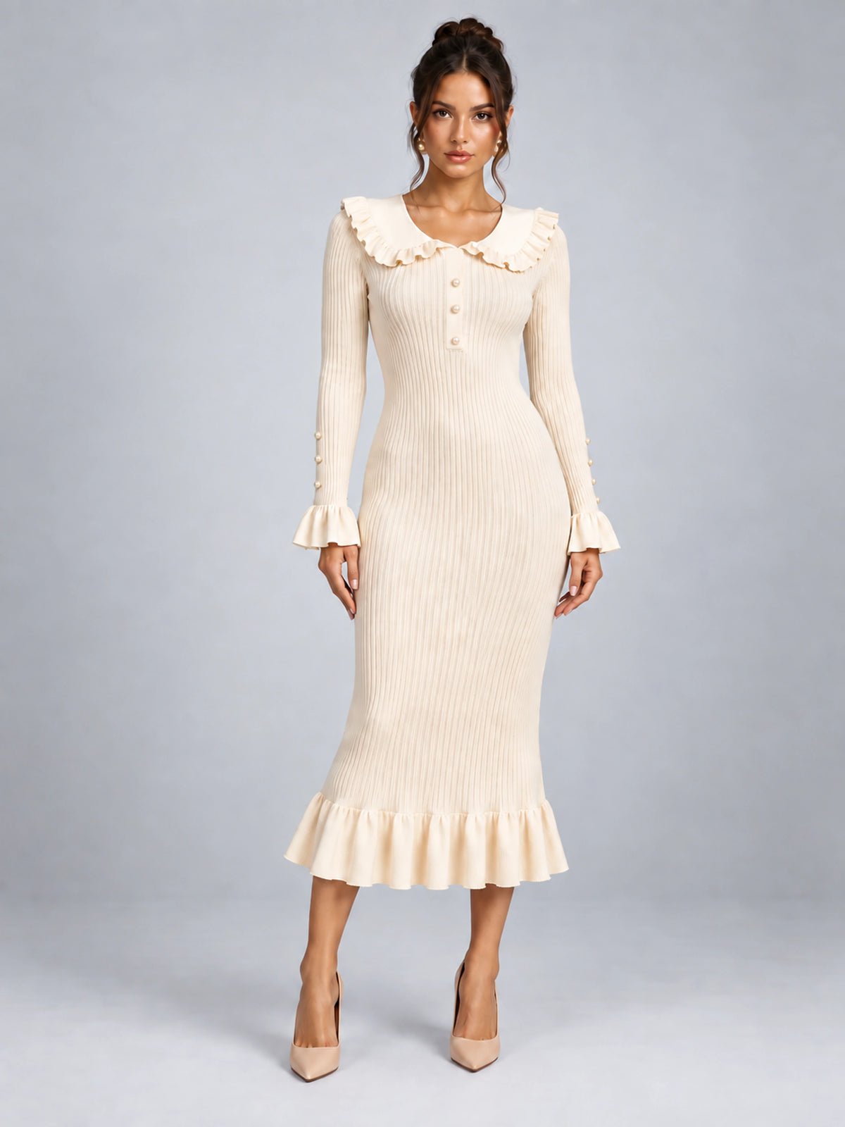 Women's Knit Midi Dress – Pearl Button Ruffle Collar in Ivory — front view